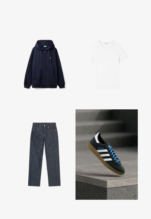 Sudadera con cremallera color azul marino, hecha de una tela suave, con cremallera frontal, dos bolsillos laterales y una capucha con cordón que presenta un pequeño logo en el pecho.; American Vintage GAMIPY - Camiseta básica - blanc; Vaqueros azul oscuro de pierna recta con cinco bolsillos, costuras blancas visibles y cierre con botón y cremallera.; Zapatilla negra Adidas con franjas blancas, cordones azules y suela de goma flotando sobre un escalón de hormigón gris con luz suave.