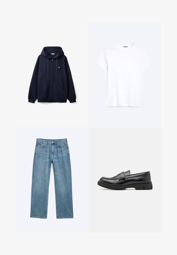 Marineblaues Zip-Hoodie aus weichem Material, mit einem Frontreißverschluss, zwei Seiten Taschen und einer Kapuze mit Zugband sowie einem kleinen Logo auf der Brust.; Schlichtes weißes T-Shirt mit kurzen Ärmeln und Rundhalsausschnitt mit gut sichtbarem WEEKDAY-Label am Kragen, dargestellt auf hellem Hintergrund.; Hellblaue Denim-Jeans mit geraden Beinen, Knopf- und Reißverschluss, Gürtelschlaufen und Taschen vorne und hinten.; Schwarze Lederloafer mit einem breiten Riemen über dem Rist, Gummisohle mit dicken Profilen und glatter Textur. Klassisches, schlankes Design.