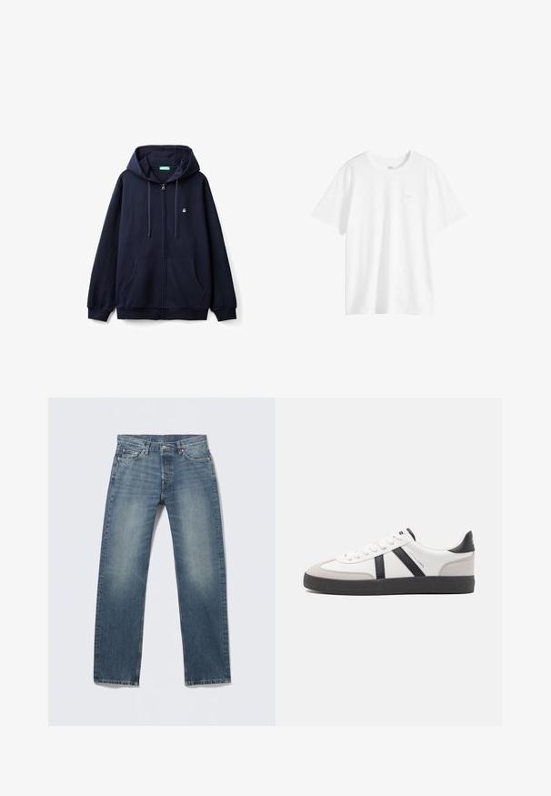 Marineblaues Zip-Hoodie aus weichem Material, mit einem Frontreißverschluss, zwei Seiten Taschen und einer Kapuze mit Zugband sowie einem kleinen Logo auf der Brust.; Schlichtes weißes T-Shirt mit kurzen Ärmeln und Rundhalsausschnitt, mit einem kleinen Logo auf der linken Brustseite, auf weißem Hintergrund dargestellt.; Blaue Denim-Jeans, gerade geschnitten, mittlere Waschung mit ausgewaschenen Stellen, fünf Taschen, Kupfernieten und kontrastierende Nahtdetails.; Weiße Sneaker mit schwarz- und grau-aczenten, ausgestattet mit einer strukturierten grauen Zehenkappe, schwarzer Gummi-Sohle und flachen weißen Schnürsenkeln. Sauberes Design, minimalistische Stil.