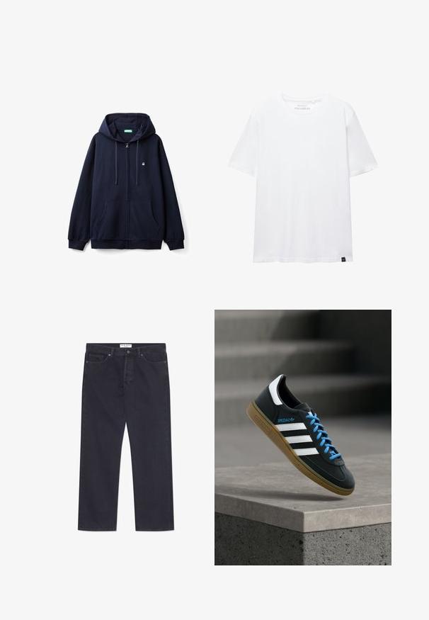 Marineblaues Zip-Hoodie aus weichem Material, mit einem Frontreißverschluss, zwei Seiten Taschen und einer Kapuze mit Zugband sowie einem kleinen Logo auf der Brust.; Weißes T-Shirt mit kurzen Ärmeln, regulärer Passform, rundem Ausschnitt und kleinem schwarzem Stoffetikett am unteren Saum.; Dunkelblaue Denim-Jeans mit geradem Bein, fünf Taschen und einer klassischen Knopf- und Reißverschlussöffnung. Merkmale sind kontrastierende Nähte.; Schwarzer Adidas-Sneaker mit weißen Streifen, blauen Schnürsenkeln und Gummisohle, der über einer grauen Betontreppe im weichen Licht schwebt.