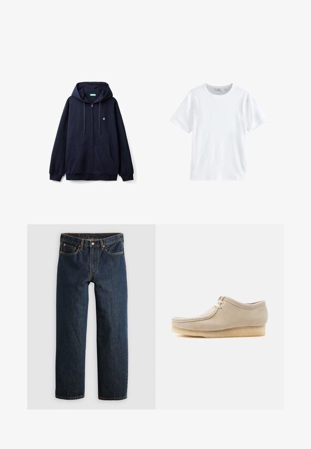Sudadera con cremallera color azul marino, hecha de una tela suave, con cremallera frontal, dos bolsillos laterales y una capucha con cordón que presenta un pequeño logo en el pecho.; Camiseta blanca de manga corta con cuello redondo, textura sutil acanalada y una pequeña etiqueta de la marca en el interior del cuello.; Vaqueros de mezclilla azul oscuro con corte recto. Presentan cinco bolsillos, costuras en contraste y cierre de botón en la cintura.; Zapato beige de ante con cordones, suela de crepé, costuras estilo mocasín y diseño de tobillo bajo, aislado sobre un fondo claro.