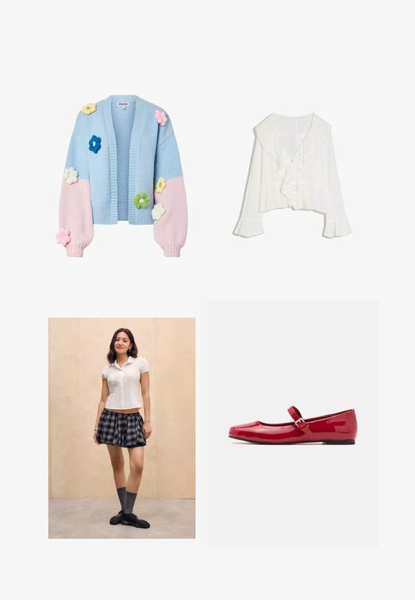 Cardigan en maille épaisse avec corps bleu clair et manches roses, décoré d'applications de fleurs tricotées 3D multicolores sur le devant et les manches.; Blouse blanche à manches longues avec large col à volants, fermeture à nouer à l'avant et poignets évasés ornés de dentelle.; Jeune femme se tenant à l'intérieur, portant un blouse blanche à manches courtes, une jupe à carreaux noire et grise, des chaussettes grises et des baskets noires.; Ballerines Mary Jane en cuir verni rouge avec un bout carré, une bride à boucle et un petit talon noir. Texture lisse et finition brillante.