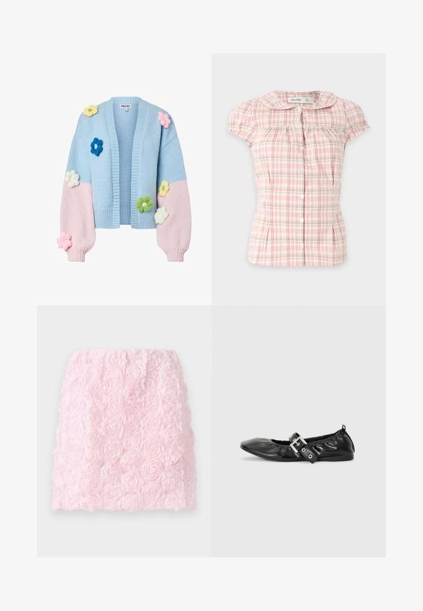 Cardigan en maille épaisse avec corps bleu clair et manches roses, décoré d'applications de fleurs tricotées 3D multicolores sur le devant et les manches.; Blouse à manches courtes à carreaux roses et blancs, boutonnée, avec un col arrondi et des détails froncés sur la poitrine et les manches.; Mini jupe rose avec un design texturé comportant des fleurs en tissu superposées. La surface est douce et détaillée, créant un effet floral en trois dimensions.; Chaussure plate en cuir noir avec un nez pointu, des détails froncés autour de l'ouverture et un accent en boucle argentée sur la bride ajustable.