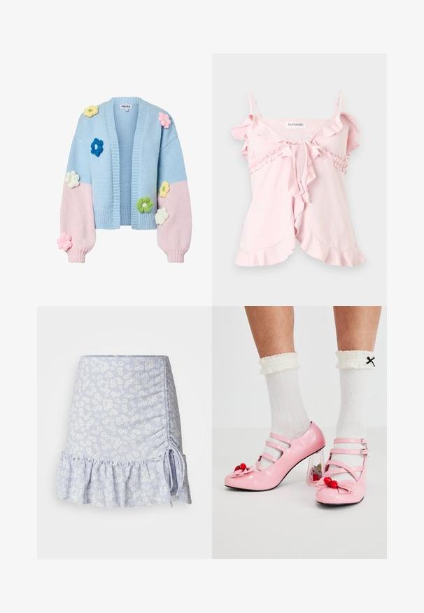 Cardigan en maille épaisse avec corps bleu clair et manches roses, décoré d'applications de fleurs tricotées 3D multicolores sur le devant et les manches.; Haut sans manches rose clair avec bords à volants, fines bretelles réglables, fermeture nouée devant et détails froncés sous la poitrine.; Jupe mini bleu clair avec un motif floral, détail de côté froncé et ourlet volanté. Tissu texturé avec des accents à cordon.; Talons hauts en cuir verni rose avec un bout arrondi, trois brides et des embellissements en cerise. Le talon bloc transparent présente des accents floraux. Chaussettes blanches à côtes.
