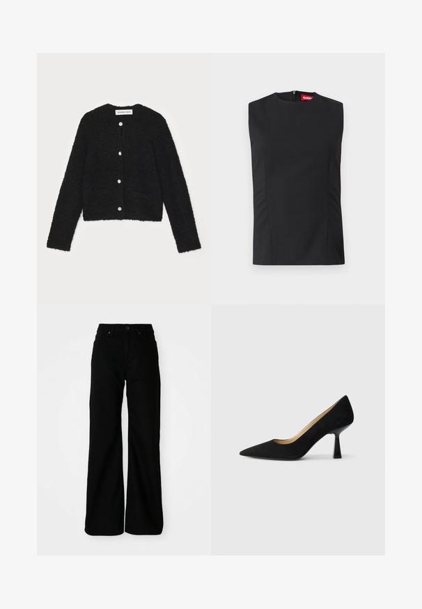Cardigan noir en peluche avec un col rond, des manches longues et cinq boutons à l'avant. Il présente deux poches avant et un design court.; Top noir sans manches avec un col haut, des pinces sur le devant et une fermeture éclair invisible au dos. Fabriqué en tissu lisse avec une coupe structurée.; Pantalons larges noirs en denim. Présentent une taille ajustée, des poches avant et une fermeture à bouton. Texture lisse avec un minimum de détails.; Pompe à talons hauts en suède noir avec un bout pointu, dotée d'un talon bloc noir brillant et d'une doublure intérieure lisse.