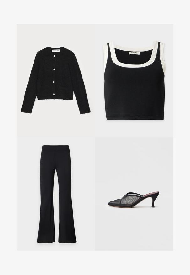 Sort fuzzy cardigan med rund halsudskæring, lange ærmer og fem knapper foran. Har to forlommer og en cropped design.; Sort ærmeløs crop top med bred hvid kant rundt om halsudskæringen og armhulerne, mærket med Sandro-brandlabel indeni.; Sorte flared bukser lavet af glat, elastisk stof med bred elastik i taljen og silhuet i fuld længde. Ingen synlige mønstre eller hardware.; Sort mesh mule med spids tå, tynde stropper og 3-tommer stiletto hæl. Har en gennemsigtig struktur og en ensfarvet sål.