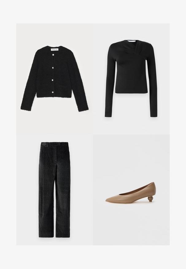Sort fuzzy cardigan med rund halsudskæring, lange ærmer og fem knapper foran. Har to forlommer og en cropped design.; Sort langærmet top med en omslagsdesign, lavet af glat stof. Har en cropped længde og en V-formet udskæring. Ingen mønstre eller accenter.; Sorte, strukturerede bredbenede bukser med en markant vævning, der har forfrits og en flad talje. Klassisk design for alsidighed.; Spids tå pump i glat lysebrunt læder. Har en afrundet lav hæl med en kugleform. Minimalistisk design uden synlige udsmykninger.