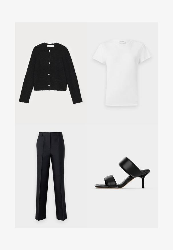 Cardigan noir en peluche avec un col rond, des manches longues et cinq boutons à l'avant. Il présente deux poches avant et un design court.; T-shirt en coton blanc avec un col rond et des manches courtes, présentant une coupe décontractée et un design minimaliste. Étiquette visible au niveau du cou.; Pantalon noir avec une coupe droite, texture lisse et fermeture à glissière dissimulée. Présente des plis pour un style supplémentaire et un look ajusté.; Sandale mule en cuir noir avec deux larges brides et un talon stiletto fin de hauteur moyenne sur un fond clair uni.