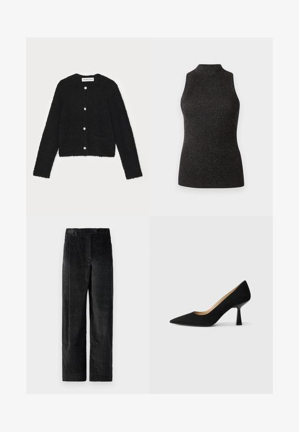 Cardigan noir en peluche avec un col rond, des manches longues et cinq boutons à l'avant. Il présente deux poches avant et un design court.; CLOSED SLEEVELESS - Débardeur - black; Pantalons larges noirs texturés avec un tissage prononcé, dotés de plis à l'avant et d'une taille plate. Design classique pour la polyvalence.; Pompe à talons hauts en suède noir avec un bout pointu, dotée d'un talon bloc noir brillant et d'une doublure intérieure lisse.
