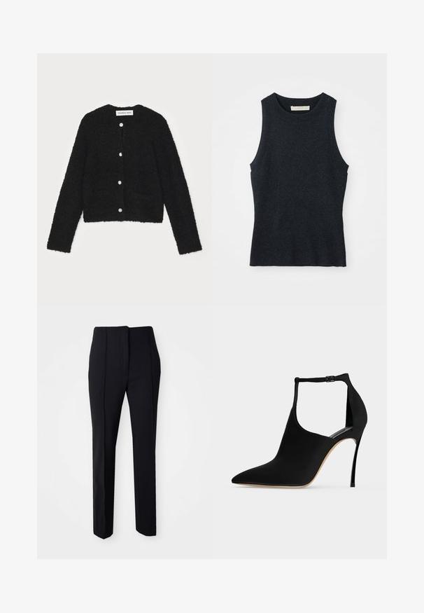 Cardigan noir en peluche avec un col rond, des manches longues et cinq boutons à l'avant. Il présente deux poches avant et un design court.; Débardeur en tricot gris foncé sans manches avec col rond, posé à plat sur un fond blanc.; Pantalons noirs ajustés avec une coupe droite, fabriqués dans un tissu lisse, dotés d'un devant plat et de poches sur les côtés pour plus de fonctionnalité.; Chaussure à talon haut noire à bout pointu, talon aiguille fin et bride de cheville avec boucle sur fond clair.