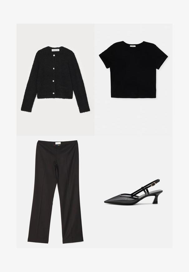 Cardigan noir en peluche avec un col rond, des manches longues et cinq boutons à l'avant. Il présente deux poches avant et un design court.; T-shirt noir court en coton doux, avec des manches courtes, un col rond et un ourlet net sans embellissements.; Sara Battaglia HIGH WAIST PANTS - Pantalon classique - black; Chaussure slingback noire à bout pointu avec tige en mesh, fines brides, boucle dorée et petit talon incurvé sur fond blanc.