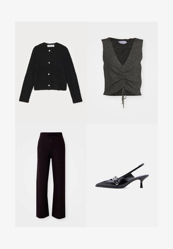 Cardigan noir en peluche avec un col rond, des manches longues et cinq boutons à l'avant. Il présente deux poches avant et un design court.; Haut sans manches noir avec un décolleté en V, un devant froncé, un ourlet à cordon et une texture scintillante, fabriqué en tissu pailleté avec des fils métalliques.; Pantalons de lounge violets foncés avec une taille à cordon, présentant un motif à pois composé de petits points blancs, coupe évasée et texture de tissu douce.; Chaussure à talon bas en cuir verni noir avec bride arrière, bout pointu et détail boucle argentée sur fond blanc uni.