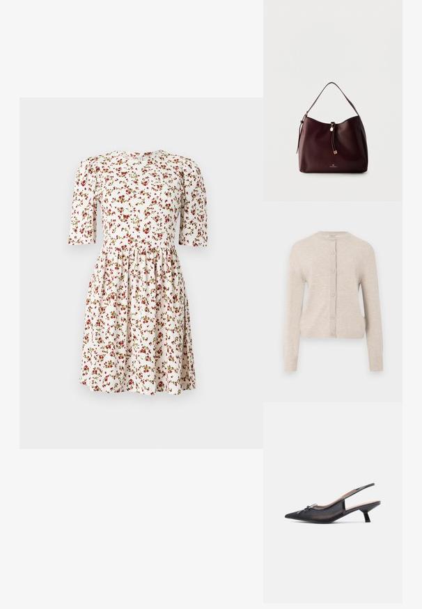 ONLY ONLCAMILLE BASIC CARDIGAN - Gilet - pumice stone; Robe blanche mi-longue avec manches courtes bouffantes et imprimé floral rouge réparti uniformément sur le tissu.; Chaussure slingback noire à bout pointu, en mesh et tissu, petit talon carré, détail nœud décoratif à l'avant.; Sac à épaule en cuir marron foncé avec un pompon tressé, des accents dorés et le logo Anna Field à l'avant, sur un fond clair uni.