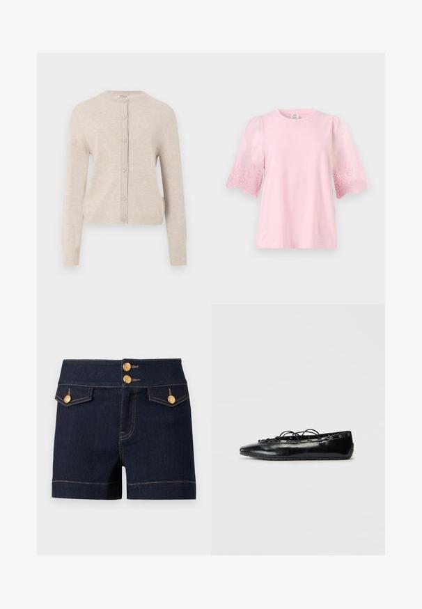 ONLY ONLCAMILLE BASIC CARDIGAN - Gilet - pumice stone; Blouse rose clair à manches courtes avec un col rond et des détails en dentelle ajourée sur les manches évasées.; Short en jean denim bleu foncé taille haute, avec deux poches à rabat à l'avant et des boutons décoratifs dorés sur la ceinture et les poches.; Bottine plate noire à bout pointu avec un laçage à l'avant et des œillets le long des bords, présentée sur un fond blanc.