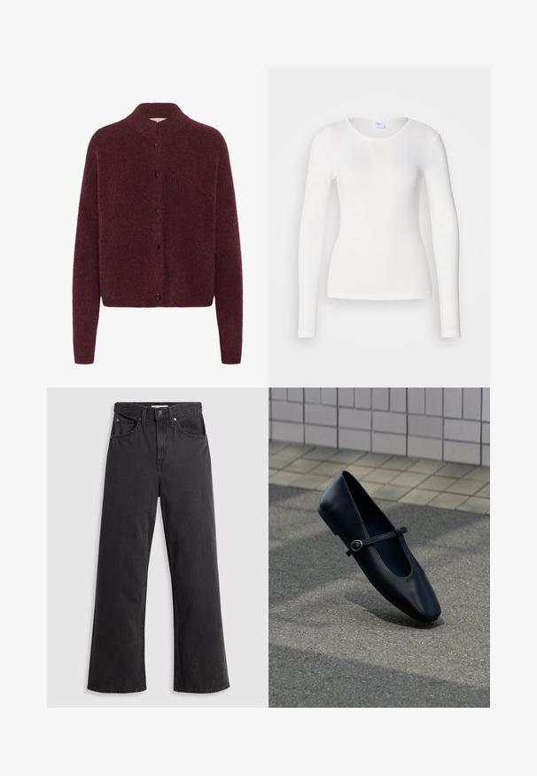 Cárdigan de punto burdeos con cuello alto, mangas largas y botones negros en la parte delantera. Fabricado con una tela suave y texturizada.; Camisa blanca de manga larga hecha de una tela suave y lisa; presenta un cuello redondo y una forma ajustada, sin patrones ni adornos.; Jeans de mezclilla negra de pierna ancha con cintura alta, cinco bolsillos y cierre de botón metálico. La tela tiene una textura suave y ligeramente desvaída.; Zapato plano Mary Jane de cuero negro con una pequeña correa con hebilla, colocado sobre una superficie de asfalto gris cerca de una pared alicatada.