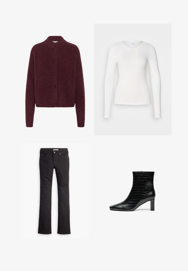 Cárdigan de punto burdeos con cuello alto, mangas largas y botones negros en la parte delantera. Fabricado con una tela suave y texturizada.; Camisa blanca de manga larga hecha de una tela suave y lisa; presenta un cuello redondo y una forma ajustada, sin patrones ni adornos.; Jeans negros de mezclilla, con un diseño de pierna recta, cintura standard, cinco bolsillos y detalles de costura sutiles.; Botín negro hasta el tobillo con punta afilada, exterior brillante con textura de cocodrilo y un tacón cuadrado de altura media. Diseño liso y elegante.