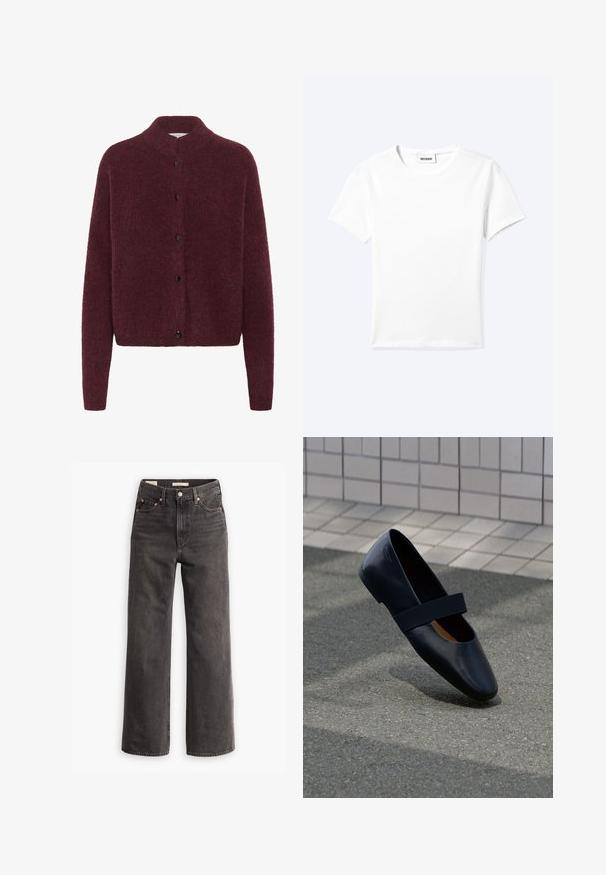Cárdigan de punto burdeos con cuello alto, mangas largas y botones negros en la parte delantera. Fabricado con una tela suave y texturizada.; Camiseta blanca lisa de manga corta con cuello redondo y una pequeña etiqueta "WEEKDAY" dentro del cuello, mostrada extendida sobre un fondo claro.; Jeans de tiro alto y pierna ancha en denim gris oscuro, con bolsillos frontales, remaches de cobre en contraste y un acabado limpio sin adornos.; Zapato plano de cuero negro con punta redonda, que presenta una suave correa elástica negra sobre la parte superior. Textura suave y diseño minimalista.
