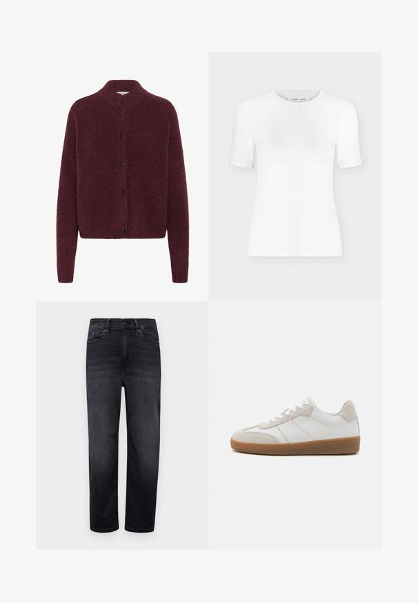 Bordeaux gebreide cardigan met een hoge kraag, lange mouwen en zwarte knopen aan de voorkant. Gemaakt van een zachte, gestructureerde stof.; Wit T-shirt met korte mouwen en een ronde hals, een slanke pasvorm en geribbelde stof, weergegeven op een effen lichtgrijze achtergrond.; Donkerdenim jeans met een reguliere pasvorm, rechte pijpen, voorzakken, een klein muntzakje en een knoopsluiting. Gladde textuur en minimale vervaging.; Witte leren sneakers met beige suède accenten, een gestructureerde tong en een rubberen zool. Voorzien van witte veters en subtiele gestikte details.