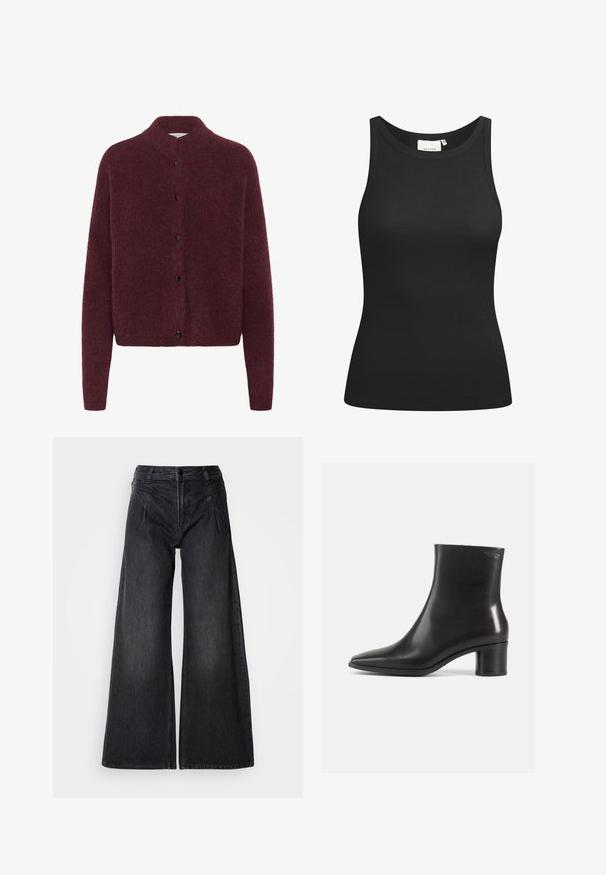 Bordeaux strikket cardigan med høj krave, lange ærmer og sorte knapper ned foran. Fremstillet af et blødt, tekstureret stof.; Sort tanktop lavet af ribbet materiale, med en scooped halsudskæring og en tætsiddende form. Flade sømme og ingen udsmykninger. Enkel og strømlinet design.; Sorte vidde jeans lavet af denim, med en høj talje, to forlommer og synlige sømme samt en subtil tekstureret finish.; Sort læderankelstøvle med spids tå og en mellemhøj blokhælk. Glat tekstur og minimalistisk design. Ingen synligt hardware.