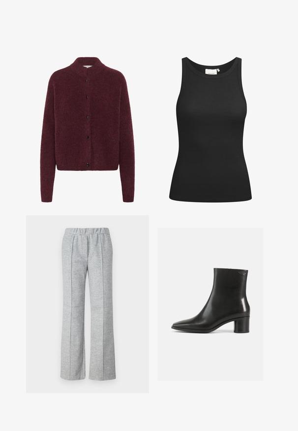 Burgunderfarbener Strickcardigan mit hohen Kragen, langen Ärmeln und schwarzen Knöpfen auf der Vorderseite. Hergestellt aus einem weichen, strukturierten Stoff.; Schwarzes Tanktop aus Rippstoff mit Rundhalsausschnitt und figurbetonter Passform. Flache Nähte und keine Verzierungen. Einfaches und elegantes Design.; Graue, weite Hose aus strukturiertem Stoff; verfügt über einen elastischen Bund und gefaltete Vorderdetails. Sauberes, minimalistisches Design.; Schwarzer Stiefelette aus Leder mit spitzer Zehenpartie und mittelhohem Blockabsatz. Glatte Textur und minimalistisches Design. Keine sichtbaren Metallteile.
