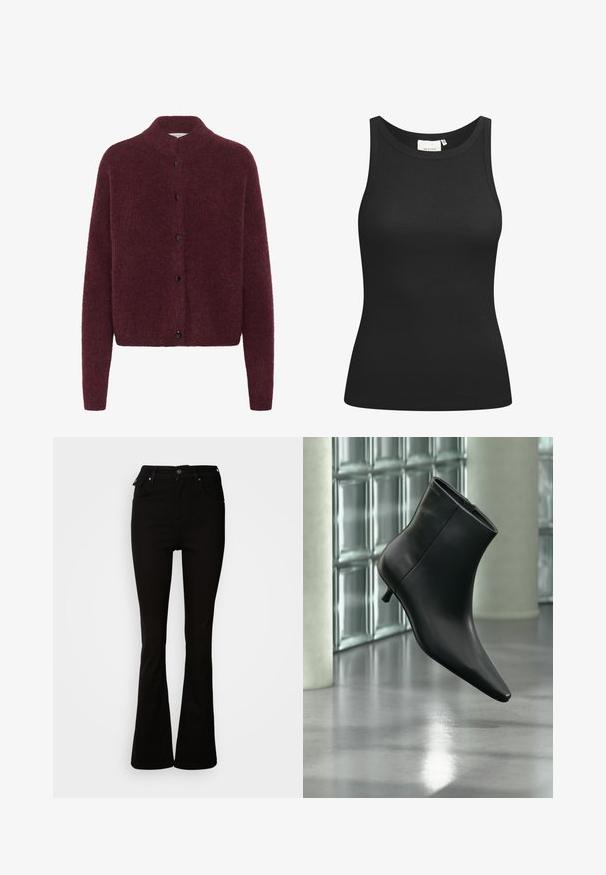 Cárdigan de punto burdeos con cuello alto, mangas largas y botones negros en la parte delantera. Fabricado con una tela suave y texturizada.; Top negro sin mangas hecho de tela acanalada, con un escote en forma de bote y un ajuste ceñido. Costuras planas y sin adornos. Diseño simple y elegante.; Jeans acampanados negros de denim, con una cintura alta, bolsillos frontales y un diseño clásico de cinco bolsillos con acentos de metal.; Botín negro de cuero con punta puntiaguda y tacón bajo estilo kitten, mostrado en ángulo sobre un suelo pulido y con una pared de bloques de vidrio de fondo.