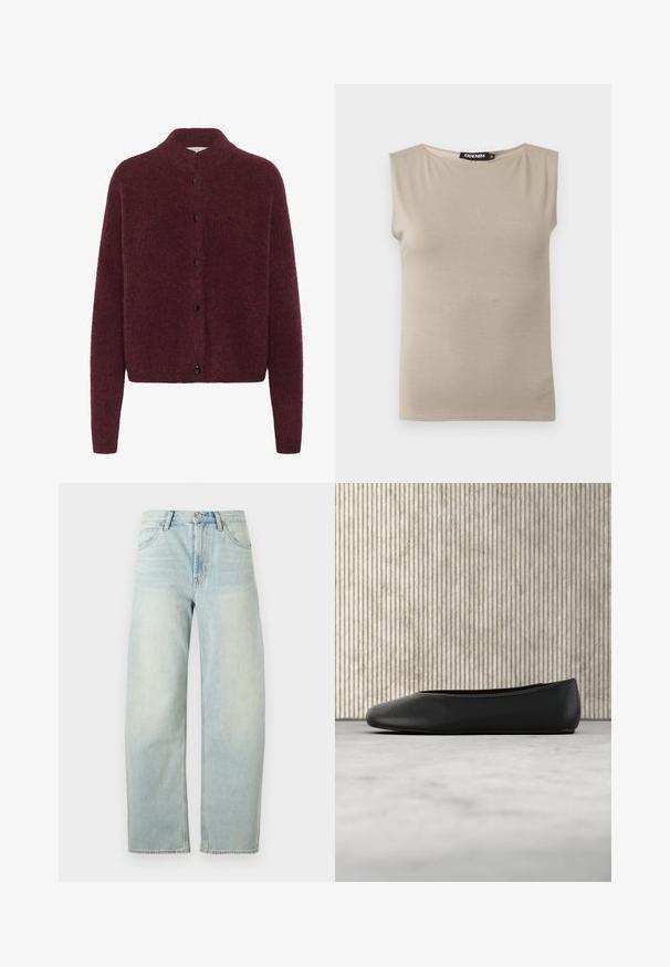 Bordeaux strikket cardigan med høj krave, lange ærmer og sorte knapper ned foran. Fremstillet af et blødt, tekstureret stof.; Beige ærmeløs bomuldstop med brede skulderstropper og rund halsudskæring, størrelse medium, lagt fladt mod hvid baggrund.; Lyseblå jeans med højtaljet lige ben, med forreste knap og lommer, vist mod en ensfarvet hvid baggrund.; Sorte læder balletflade med en rund tå, glat tekstur og en gulds logoaccent på siden. Placeret over en reflekterende overflade.