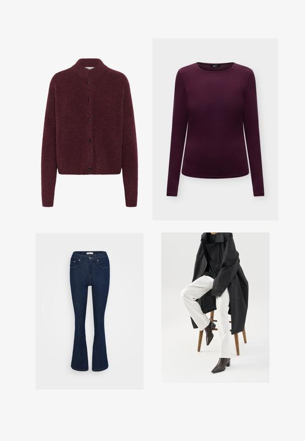 Burgunderfarbener Strickcardigan mit hohen Kragen, langen Ärmeln und schwarzen Knöpfen auf der Vorderseite. Hergestellt aus einem weichen, strukturierten Stoff.; Figurbetontes Damenlangarmhemd in Dunkellila mit rundem Ausschnitt auf einfarbig hellem Hintergrund.; Dunkelblaue Jeans im Bootcut-Stil mit klassischem Fünf-Taschen-Design, metallischem Knopfverschluss und Nähakzenten an den Taschen.; Schwarzer, oversized Trenchcoat über einem schwarzen Top, kombiniert mit weißen Hosen und braunen, spitzen Ankle Boots, auf einem Holzschemel sitzend.