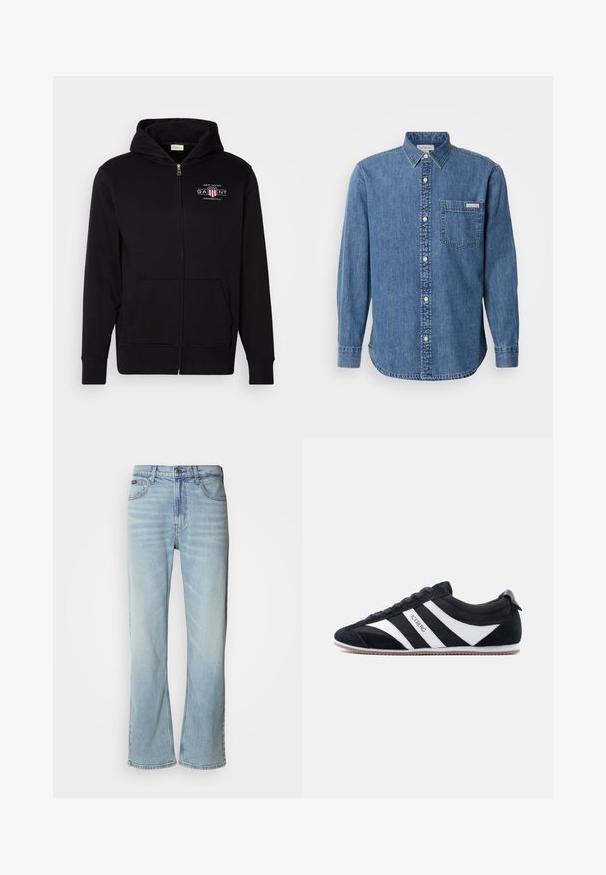 Sort zip-up hoodie lavet af bomuldsblanding, med en frontlomme, ribbede ærmer, og et logo på brystet med røde og hvide accenter.; Denimskjorte i mellemblå med knappet krave, lange ærmer, forlommes og hvide knapper. Har en let buet kant.; Lyseblå denimjeans med lige ben, der har fem lommer, knaplukning og en subtil falmning på stoffet.; Sort lav sneakers med hvide sidelstriber, ruskind på tæerne og "ICEBERG" trykt på midterstriben, flad gummisål, snørelukning.