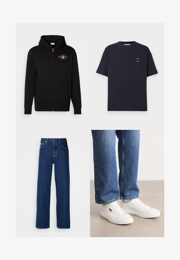 Sort zip-up hoodie lavet af bomuldsblanding, med en frontlomme, ribbede ærmer, og et logo på brystet med røde og hvide accenter.; Marineblå bomulds t-shirt med rund hals og korte ærmer. Har et lille tekstlogo-design i kontrastfarve på venstre bryst.; Mørkeblå denimjeans med et bredt ben-design, der har en knaplukning og klassisk fem-lomme styling. Stoffet har en glat tekstur.; Hvide sneakers med en glat overflade, rund tå og flad sål. Accompaneret af blå denim jeans med en lige pasform og synlige sømme.
