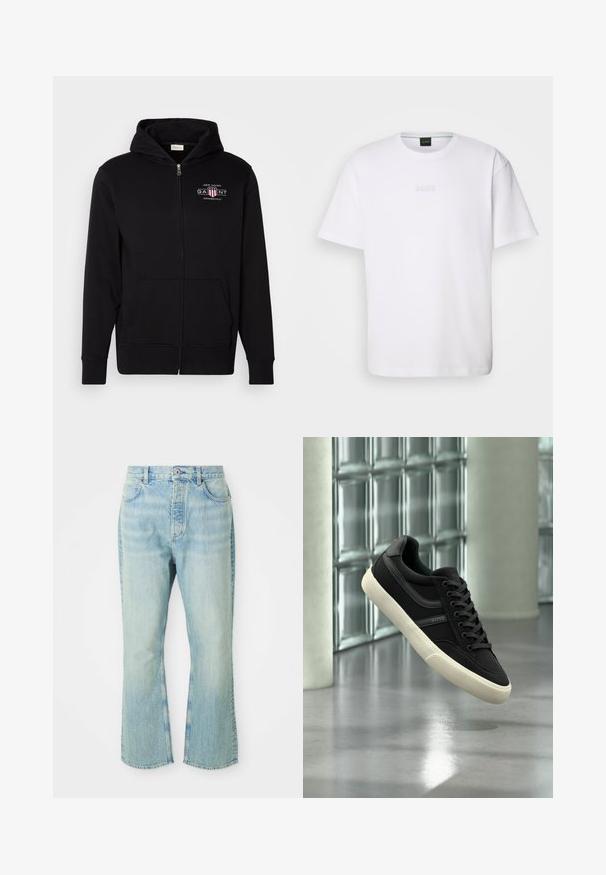 Zwarte rits hoodie van een katoenmix, met een voorkantzak, ribgebreide boorden en een logo op de borst met rode en witte accenten.; Witte katoenen T-shirt met korte mouwen, ronde halslijn en reliëf 'BOSS' logo op de borst. Veilig textuur, standaard pasvorm.; Lichtblauwe denim flare jeans met een hoge taille, voorzien van vijf zakken, riemlussen en een vervaagde wastextuur.; Zwarte lage sneaker met witte zool en veters, merk "BOSS", zwevend binnenshuis nabij glasblokkenramen en betonnen zuilen.