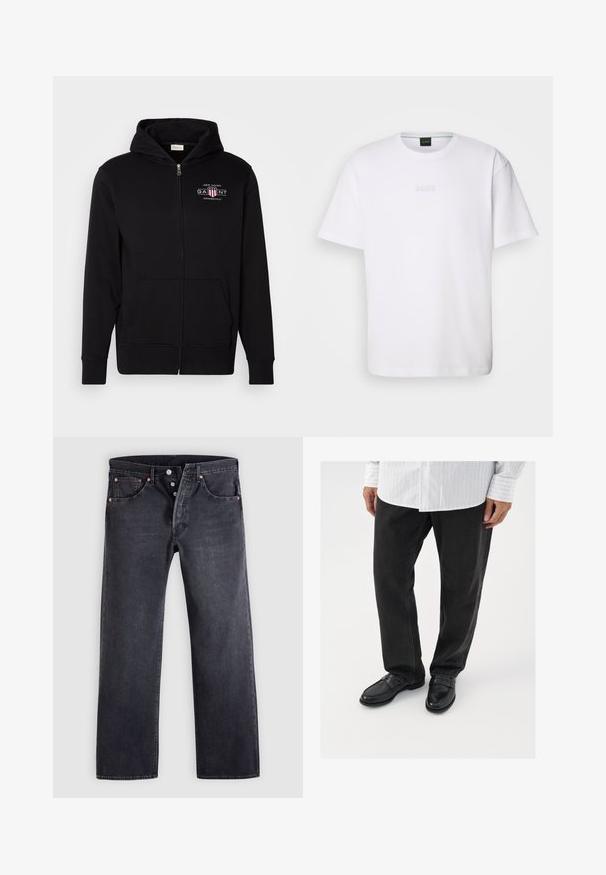 Zwarte rits hoodie van een katoenmix, met een voorkantzak, ribgebreide boorden en een logo op de borst met rode en witte accenten.; Witte katoenen T-shirt met korte mouwen, ronde halslijn en reliëf 'BOSS' logo op de borst. Veilig textuur, standaard pasvorm.; Zwarte spijkerbroeken met een rechte pasvorm, ontwerp met vijf zakken en koperen knoopaccenten. Gladde textuur met een licht vervaagde afwerking.; Zwarte denim broek gecombineerd met glanzende zwarte instappers. Het shirt is wit met dunne verticale strepen, heeft lange mouwen en een geknoopte kraag.