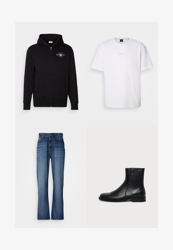 Sort zip-up hoodie lavet af bomuldsblanding, med en frontlomme, ribbede ærmer, og et logo på brystet med røde og hvide accenter.; Hvid bomulds T-shirt med korte ærmer, rund halsudskæring og præget "BOSS" logo på brystet. Glat tekstur, standard pasform.; Blå denimjeans med høj talje, flagrende ben, fem-lommers design og tonal syning. Har en knaplukning og nitterede lommer.; Sort læderankelstøvle med lav hæl, sidesyning og lille "HUGO" logo på den øverste manchet mod en ensfarvet baggrund.