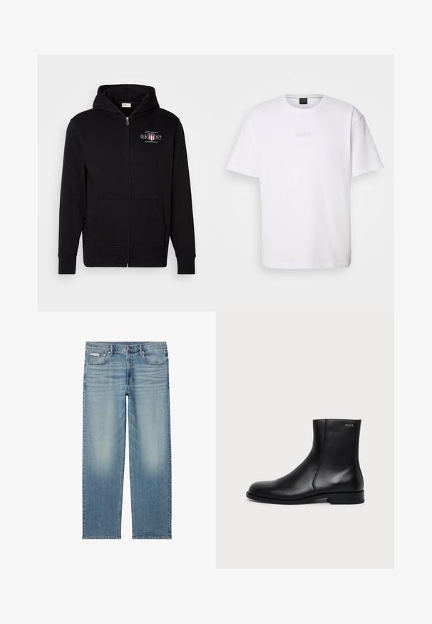 Sort zip-up hoodie lavet af bomuldsblanding, med en frontlomme, ribbede ærmer, og et logo på brystet med røde og hvide accenter.; Hvid bomulds T-shirt med korte ærmer, rund halsudskæring og præget "BOSS" logo på brystet. Glat tekstur, standard pasform.; Lyseblå straight-leg denim jeans med falmede detaljer, frontknap og lynlås samt fem-lomme design inklusive et lille Calvin Klein mærke på lommen.; Sort læderankelstøvle med lav hæl, sidesyning og lille "HUGO" logo på den øverste manchet mod en ensfarvet baggrund.