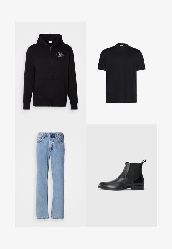 Sort zip-up hoodie lavet af bomuldsblanding, med en frontlomme, ribbede ærmer, og et logo på brystet med røde og hvide accenter.; Sort T-shirt med en kort, høj halsudskæring. Fremstillet af blødt stof, den har korte ærmer og en afslappet pasform uden bemærkelsesværdige mønstre eller accenter.; Lyseblå denimjeans med lige ben design, fem lommer og knaplukning. Syninger nær lommer og talje.; Sorte læder ankelstøvler med elastiske sidepaneler, rund tå og en trækloft. Glat tekstur, flad sål, minimalistisk design.