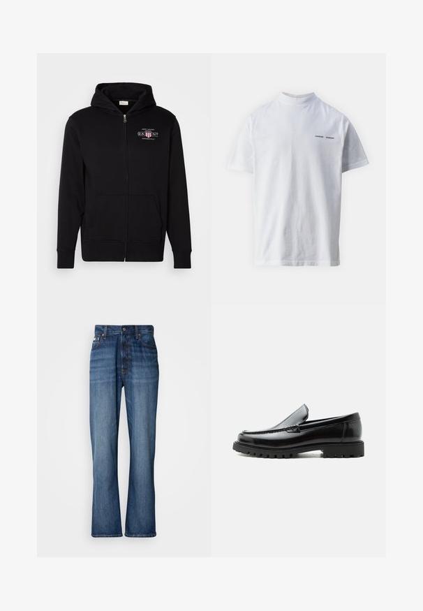 Zwarte rits hoodie van een katoenmix, met een voorkantzak, ribgebreide boorden en een logo op de borst met rode en witte accenten.; Witte katoenen t-shirt met een hoge hals en korte mouwen. Voorzien van het 'SAMSØE SAMSØE' logo in het zwart op de voorkant. Glad van textuur.; Blauwe denim jeans met een hoge taille, uitlopende pijpen, vijf-vaks ontwerp en tonale stiksels. Bevat een knopenfly en gestikte zakken.; Zwarte leren loafer met dikke rubberen zool, gestikte bovenkant en gegraveerde merknaam op de hiel, zijaanzicht op witte achtergrond.