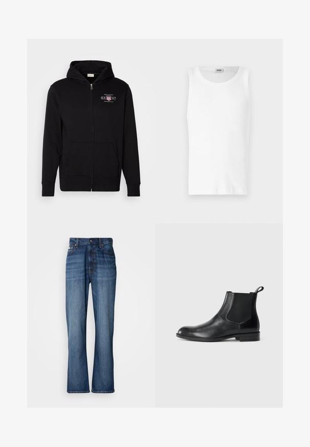 Schwarze Zip-Hoodie aus Baumwollmischung, mit einer Vorderasche, gerippten Bündchen und einem Logo auf der Brust mit roten und weißen Akzenten.; Weißes Baumwoll-Tanktop ohne Ärmel mit Rundhalsausschnitt und glatter Textur. Einfaches Design, ohne Muster oder Akzente.; Blaue Jeans aus Denim mit hoher Taille, ausgestellten Beinen, Fünf-Pocket-Design und tonalem Nähen. Mit Knopfverschluss und genieteten Taschen.; Schwarze Leder-Stiefelette mit elastischen Seiteneinsätzen, abgerundeter Zehenpartie und einem Zugschlauf. Glatte Textur, flache Sohle, minimalistisches Design.
