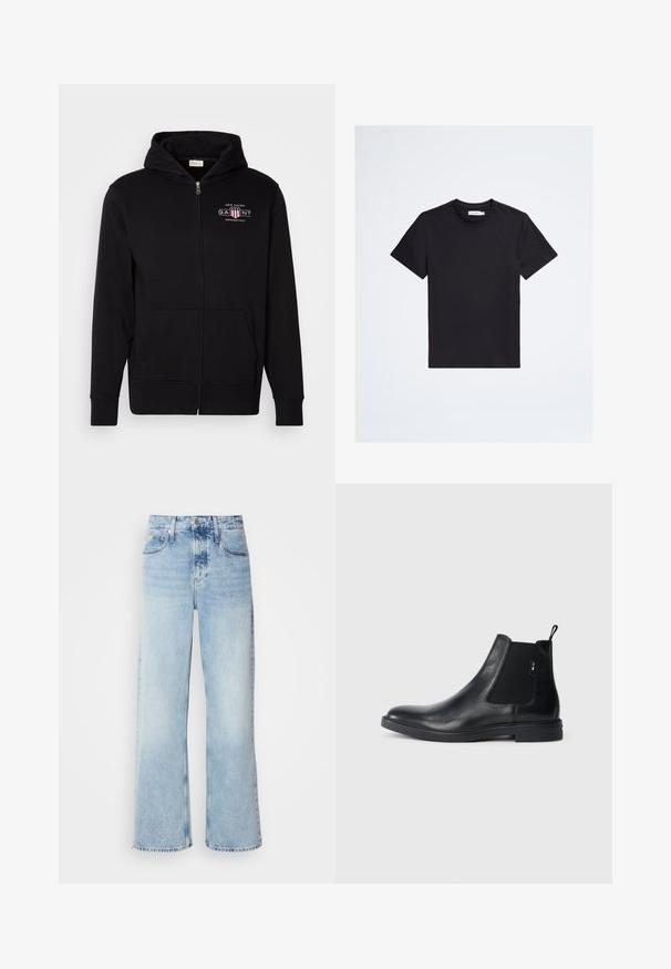 Schwarze Zip-Hoodie aus Baumwollmischung, mit einer Vorderasche, gerippten Bündchen und einem Logo auf der Brust mit roten und weißen Akzenten.; Schwarzes T-Shirt mit kurzen Ärmeln und Rundhalsausschnitt mit kleinem tonalem Logo auf der linken Brust und weißem Markenetikett im Kragen.; Helle blaue weite Jeans mit hoher Taille, in verwaschenem Finish, mit Gürtelschlaufen und klassischem Fünf-Taschen-Design. Der Saum ist ungesäumt.; Schwarze Leder Chelsea-Boots mit elastischen seitlichen Einsätzen, einer Zugschlaufe und einer flachen Gummisohle. Glatte Textur mit minimaler Ausgestaltung.