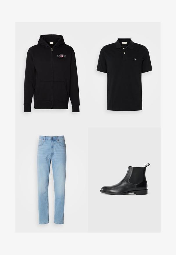 Zwarte rits hoodie van een katoenmix, met een voorkantzak, ribgebreide boorden en een logo op de borst met rode en witte accenten.; Zwarte poloshirt van katoen, met een klassieke kraag, een tweeknoopsluiting, korte mouwen en een klein geborduurd logo op de borst.; Lichtblauwe denim jeans met een rechte pasvorm, vijf zakken en riemlussen. De stof heeft een gladde textuur met een lichte vervaging.; Zwarte leren enkelboot met elastische zijpanelen, ronde neus en een trekhaak. Gladde textuur, platte zool, minimalistisch ontwerp.