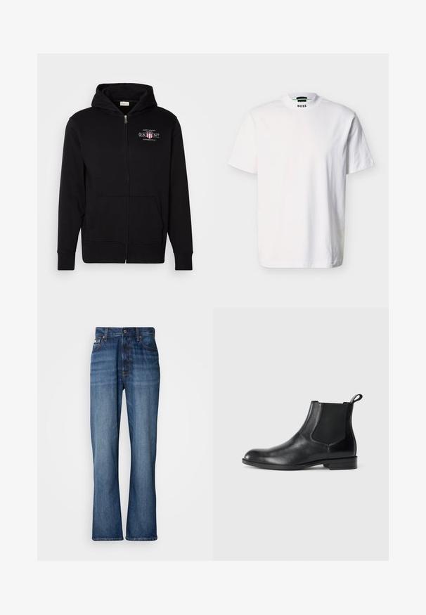 Sort zip-up hoodie lavet af bomuldsblanding, med en frontlomme, ribbede ærmer, og et logo på brystet med røde og hvide accenter.; Hvid kortærmet T-shirt lavet af bomuld, med rund halsudskæring og et trykt mærkelogo ved kraven. Glat tekstur, enkelt design.; Blå denimjeans med høj talje, flagrende ben, fem-lommers design og tonal syning. Har en knaplukning og nitterede lommer.; Sorte læder ankelstøvler med elastiske sidepaneler, rund tå og en trækloft. Glat tekstur, flad sål, minimalistisk design.