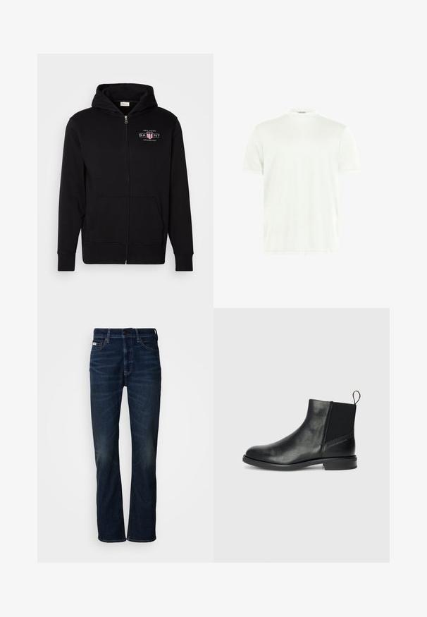 Sort zip-up hoodie lavet af bomuldsblanding, med en frontlomme, ribbede ærmer, og et logo på brystet med røde og hvide accenter.; Hvid crewneck T-shirt lavet af blødt stof. Korte ærmer, uden mønstre. Simpelt design med lige kant og minimal detaljer.; Mørkeblå denim jeans med lige ben-design, der har subtil falming, en knaplukning og traditionel fem-lomme styling.; Sorte læder ankelstøvler med elastiske sidepaneler, rund tå, lav blokhæl og en strop bagpå for nem påtagning.