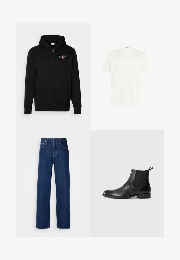 Sort zip-up hoodie lavet af bomuldsblanding, med en frontlomme, ribbede ærmer, og et logo på brystet med røde og hvide accenter.; Hvid crewneck T-shirt lavet af blødt stof. Korte ærmer, uden mønstre. Simpelt design med lige kant og minimal detaljer.; Mørkeblå denimjeans med et bredt ben-design, der har en knaplukning og klassisk fem-lomme styling. Stoffet har en glat tekstur.; Sorte læder ankelstøvler med elastiske sidepaneler, rund tå og en trækloft. Glat tekstur, flad sål, minimalistisk design.