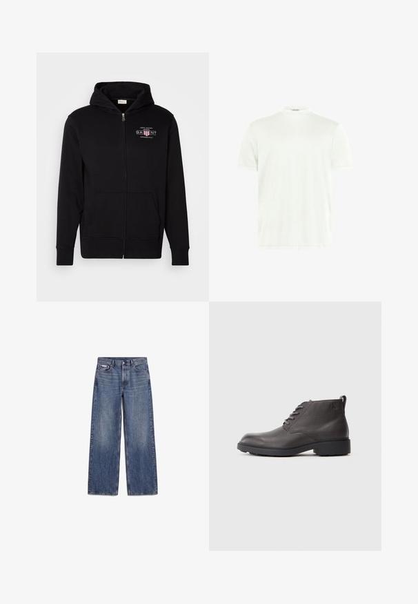 Zwarte rits hoodie van een katoenmix, met een voorkantzak, ribgebreide boorden en een logo op de borst met rode en witte accenten.; Witte T-shirt met ronde hals gemaakt van zachte stof. Korte mouwen, zonder patronen. Eenvoudig ontwerp met een rechte zoom en minimale details.; Blauwe rechte denim jeans met voorzakken, riemlussen en knoopsluiting, plat gelegd op een witte achtergrond.; Zwarte leren enkellaarsjes met een gestructureerde afwerking, ronde neus, veterluiting en een lage, stevige rubberen zool. Voorzien van een logo-detail aan de zijkant.