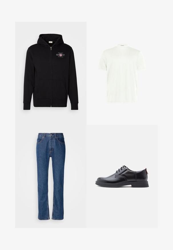 Sort zip-up hoodie lavet af bomuldsblanding, med en frontlomme, ribbede ærmer, og et logo på brystet med røde og hvide accenter.; Hvid crewneck T-shirt lavet af blødt stof. Korte ærmer, uden mønstre. Simpelt design med lige kant og minimal detaljer.; Blå denimjeans med lige snit, fem-lomme-design og lys syning. Har lynlås og knaplukning foran.; Sorte snørestøvler i læder med glat tekstur, rundet tå og diskrete syningsdetaljer. Har en rød trækflig på hælen.
