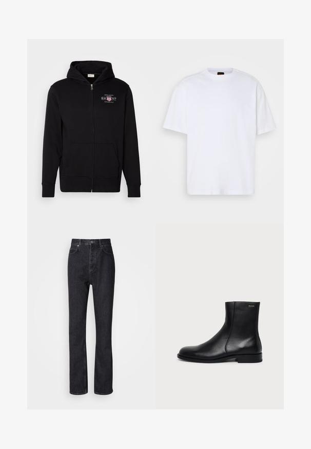 Zwarte rits hoodie van een katoenmix, met een voorkantzak, ribgebreide boorden en een logo op de borst met rode en witte accenten.; Witte katoenen T-shirt met ronde hals, korte mouwen en een ontspannen pasvorm. Heeft textuur op de schoudernaden voor extra detail.; Hoge taille zwarte denim jeans met een knoop- en ritssluiting, voor- en achterzakken en een rechte pasvorm.; Zwarte leren enkellaars met lage hak, zijrits en klein "HUGO" logo nabij de bovenkant op een effen lichte achtergrond.