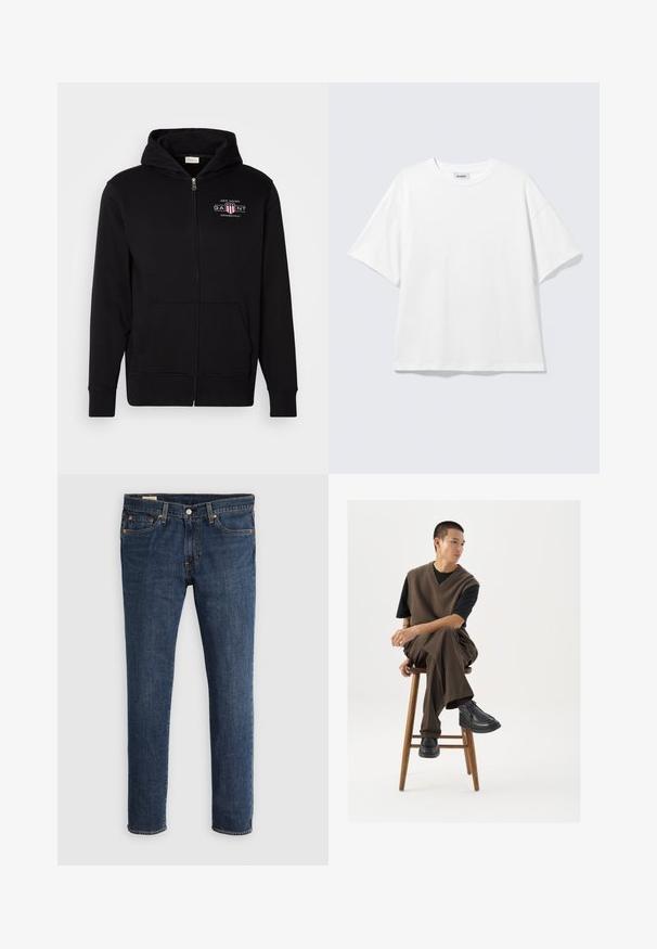 Zwarte rits hoodie van een katoenmix, met een voorkantzak, ribgebreide boorden en een logo op de borst met rode en witte accenten.; Witte oversized T-shirt met korte mouwen, ronde hals en verlaagde schouders, plat op een lichtgrijze achtergrond.; Donkere blauwe denimjeans met een rechte pijp. Voorzien van een ritssluiting, vijf zakken en contrasterende oranje stiksels.; Bruin gebreid vest over een zwart t-shirt, gecombineerd met bruine wijde broek en zwarte chunky schoenen, zittend op een houten kruk.