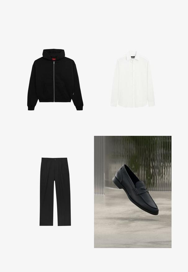 Zwarte zip-up hoodie van zachte stof, met een voorzak, geribbelde boorden en een capuchon met trekkoord. Geen zichtbare patronen of accenten.; Wit overhemd met lange mouwen en knopen, klassieke kraag en manchetten, eenvoudig ontwerp, afgebeeld tegen een witte achtergrond.; Zwarte broeken met een recht model, gemaakt van een gladde stof. Voorzien van een voorplooien en een enkele knoopsluiting bij de taille.; Zwarte leren loafer met een gladde afwerking, puntige neus en gestikte details over de wreef. Lage hak en minimalistisch ontwerp.