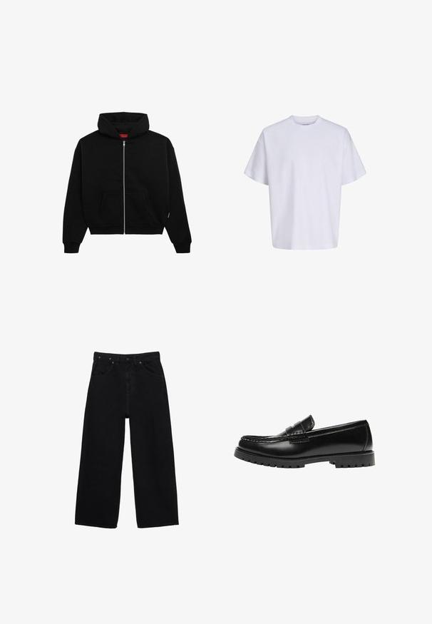 Sort zip-up hoodie lavet af blødt stof, med en frontlomme, ribbede manchetter og en hætte med snørre. Ingen synlige mønstre eller accenter.; Simpel hvid oversized t-shirt med korte ærmer, rund hals og løs pasform mod en hvid baggrund.; Sorte vidde-ben denimjeans med knaplukning foran, lynlås, bæltestropper og klassisk styling med fem lommer.; Sort læderloafer med en kraftig gummisål og klassiske penny-strap detaljer, vist fra ydersiden.