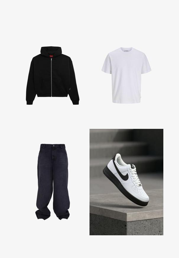 Zwarte zip-up hoodie van zachte stof, met een voorzak, geribbelde boorden en een capuchon met trekkoord. Geen zichtbare patronen of accenten.; Effen wit T-shirt met korte mouwen en een ronde hals, met een rechte zoom, getoond op een witte achtergrond.; Zwarte oversized baggy jeans met knoop- en ritssluiting aan de voorkant, voorzakken en losse, brede pijpen.; Witte leren sneaker met zwarte accenten, afgeronde neus en geperforeerde details. Zwarte rubberen zool met een gestructureerd patroon en vetersluiting.