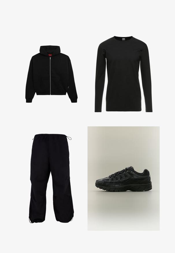 Haut à zip noir en tissu doux, avec une poche avant, des poignets côtelés et une capuche avec cordon de serrage. Pas de motifs ou d'accents visibles.; Urban Classics STRETCH TERRY - T-shirt à manches longues - black; Pantalons cargo noirs amples avec une taille élastique et un cordon de serrage réglable. Équipés de poches zippées et de bords de cheville.; Chaussure de course Nike noire avec tige en mesh et synthétique, fermeture à lacets et semelle texturée, vue de côté gauche sur fond uni.