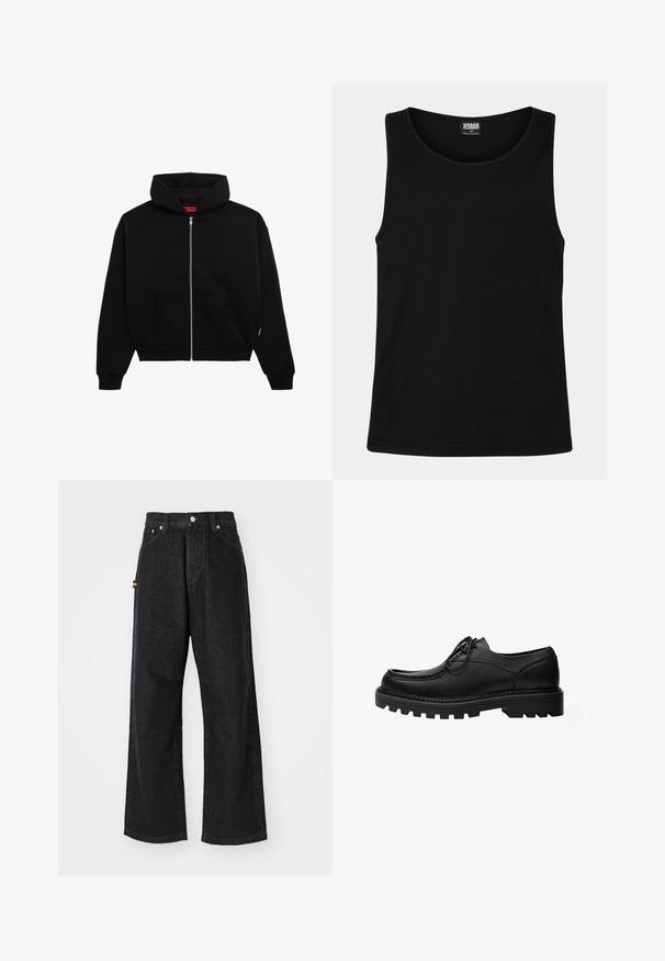Sort zip-up hoodie lavet af blødt stof, med en frontlomme, ribbede manchetter og en hætte med snørre. Ingen synlige mønstre eller accenter.; Sort tanktop lavet af blødt bomuldsstof. Har en rund halsudskæring og brede armhuller, uden synlige mønstre eller accenter.; Sorte vidde jeans lavet af denim. Har høj talje, fem lommer og metalhardware detaljer. Glat tekstur med minimal slid.; Sort læder snøresko med tyk, robust sål og detaljerede syninger på oversiden, designet til formelt eller afslappet brug.